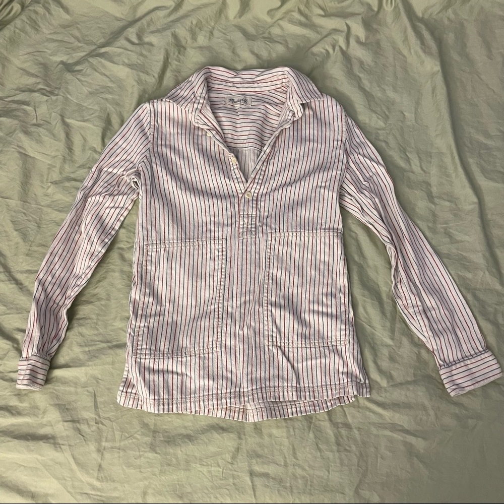 Madewell Cream Pinstripe Collared Quarter Button-Up Long-Sleeve